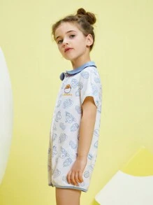 Gudetama X SHEIN Young Girl Cartoon Graphic Romper - Blue and White - View 5