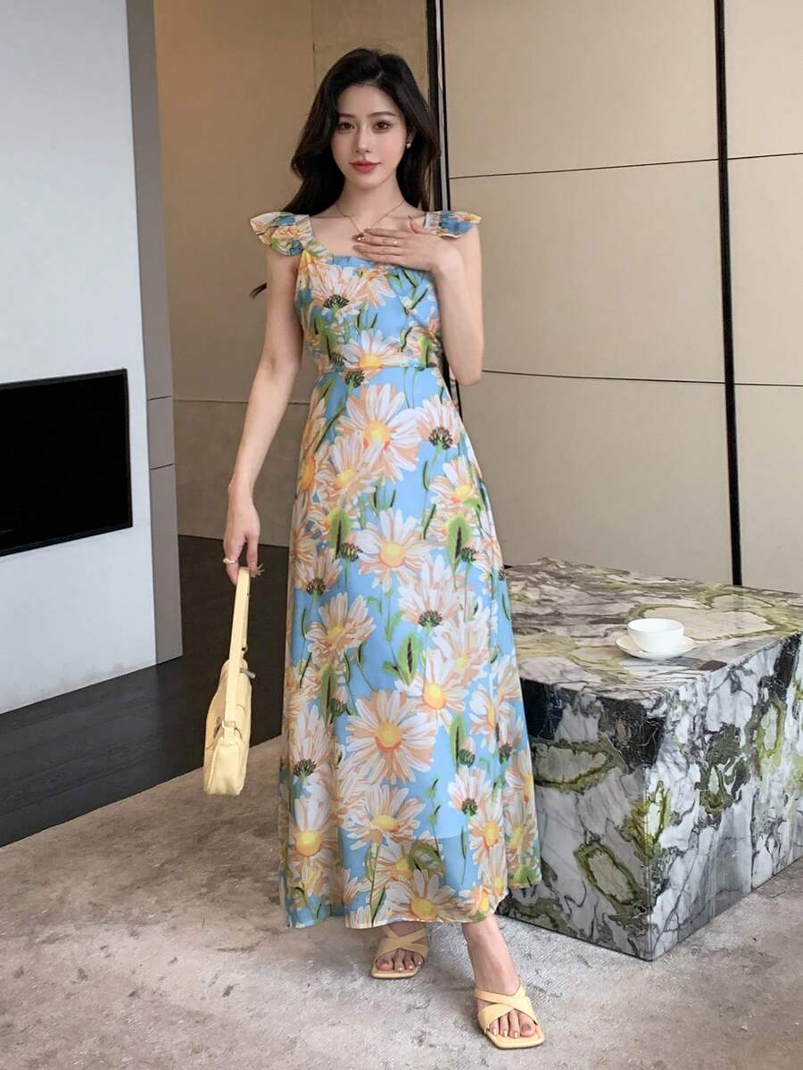 DAZY 女士花卉印花盖袖喇叭连衣裙 - 彩色 - 查看 1