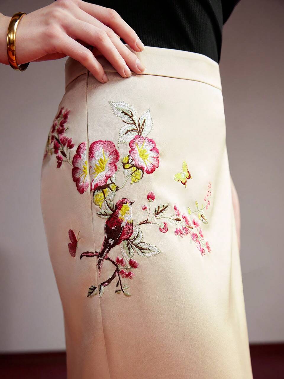 MOTF SATIN EMBROIDERY FLORAL PATTERN SPLIT THIGH SKIRT