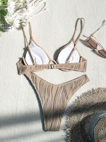 SHEIN Swim Conjunto de bikini de dos piezas texturizado para mujer con sujetador push-up con aro, ideal para verano en la playa - Caqui - Ver 2