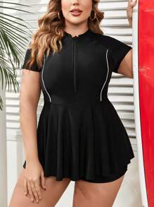Swim SPRTY Kích thước lớn Của phụ nữ Bikini Với giá đỡ Vòng cổ Và Tay áo phồng , bờ biển Bikini Ba Lỗ Bộ Bộ đồ tắm Lướt sóng Mùa hè - màu đen - Xem 3