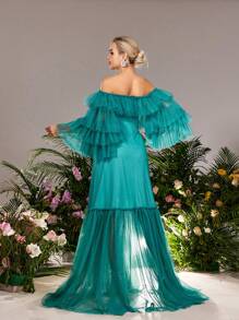 Maternity Off Shoulder Ruffle Trim Long Sleeve Formal Party Elegant Dress - Teal Blue - View 2