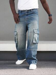Manfinity Homme Men's Plus Size Cargo Style Pocketed Denim Jeans - Blue - View 5