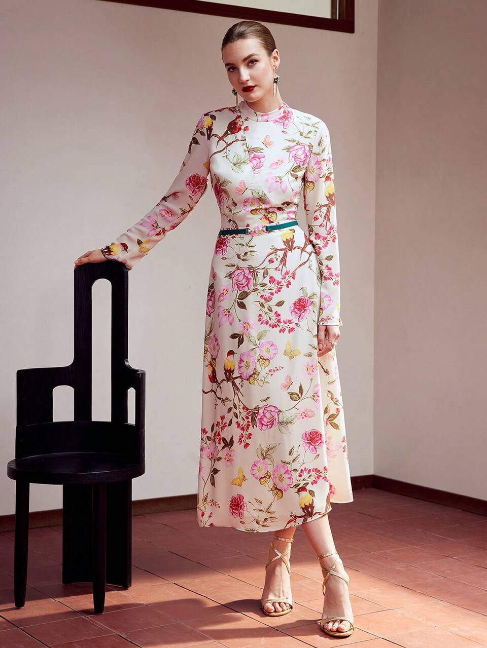 FLORAL PRINT MOCK NECK DRESS,HOLIDAY PARTY BIRTHDAY FORMAL EVENING OCCASSION