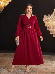 Modelyn Burgundy Red Women's Plus Size Dress With Gorgeous Rhinestone Decoration And Belt - Burgundy - View 4