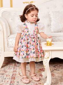 SHEIN Vestido para bebé niña de burbujas de manga corta con tul estampado floral para vacaciones - Rosa - Ver 3