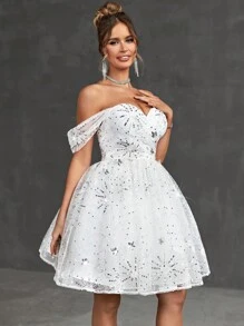 SHEIN Belle 優雅、華麗、浪漫可愛的女士白色無肩帶豪華露肩珠片大A字裙，適合派對、宴會、畢業典禮、雞尾酒會、晚會、臨門嫁妝禮裙 - 白色 - 查看 7