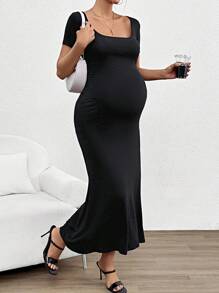SHEIN Thai sản Trẻ Giải trí Hem Dài Đầm Với Hình vuông Đường viền cổ áo - màu đen - Xem 4