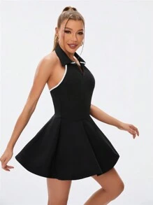 Easithlete Women's Solid Color Tennis Basic Halter Sleeveless Active Dress With Neck Strap - Black and White - View 6