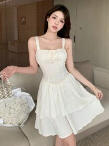 DAZY 女式甜心领口鱼骨图案白色吊带连衣裙，适合夏季，A 字形太阳裙 - 米色 - 查看 6