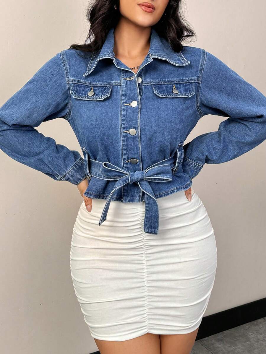 SHEIN Privé Women's Long Sleeve Belted Denim Jacket - Medium Wash - View 1