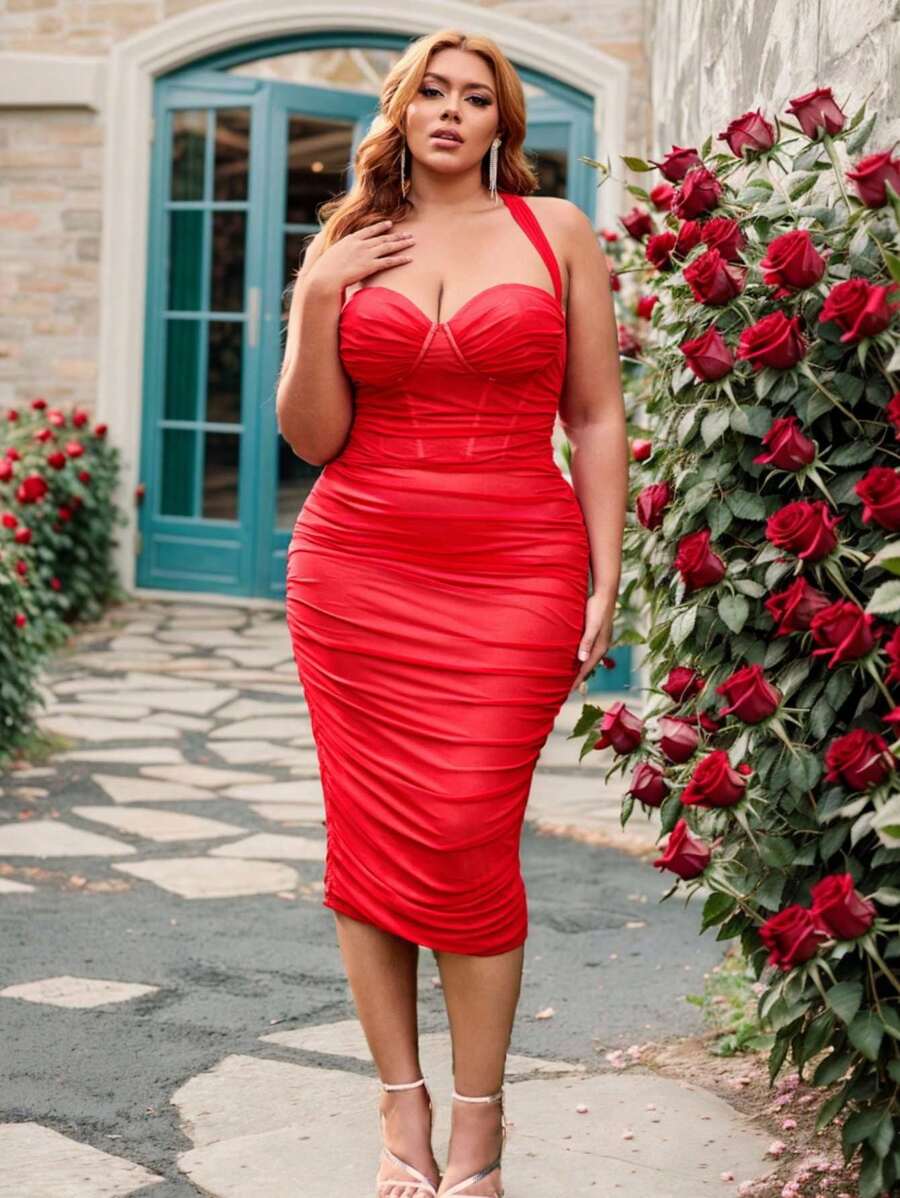 SHEIN SXY Plus Size Women'S Ruffle Detail Bodycon Dress Sexy Red Dress Valentine Day Dress Adult Birthday Outfit Spring Women Clothes Prom Dress Date Night Dress Bachelorette Party Cocktail Dress - Red - View 1