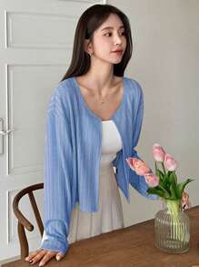 DAZY 女士純色垂墜肩長袖外套 - 藍色 - 查看 2