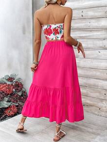 SHEIN VCAY Strapless Tight-Fitting Top & Long Ruffled Hem Skirt Set - Hot Pink - View 2