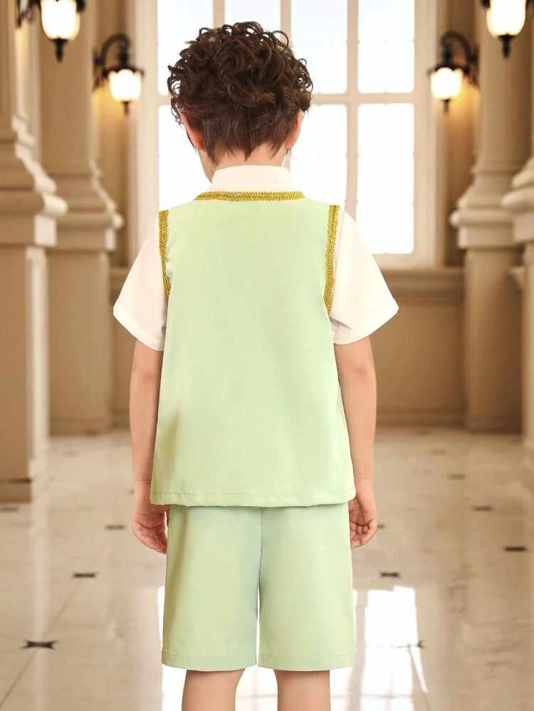 Young Boys' Patchwork Vest, Stand Collar Short Sleeve Shirt And Shorts 3pcs Outfit With Weaved Straps