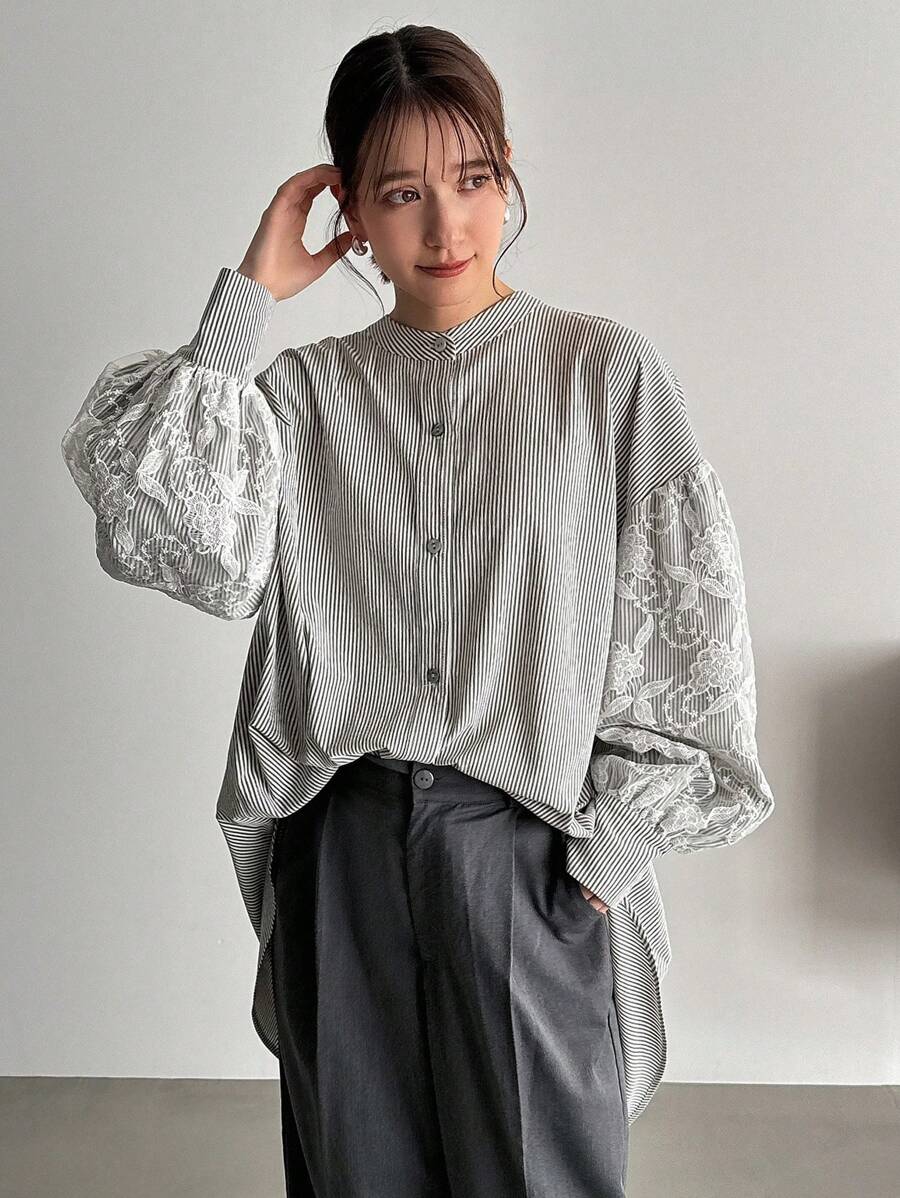 FRIFUL 女式条纹蕾丝拼色衬衫长袖上衣 - 灰色 - 查看 1