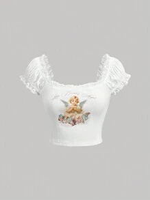 SHEIN MOD Của phụ nữ In Thiên sứ Ren Cắt tỉa Retro Áo thun - trắng - Xem 1