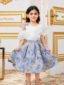 SHEIN Set aus 2 Teilen für Kleine Mädchen: Gerüschte Bluse mit Puffärmeln und Jacquard Rock