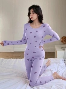 DAZY 女士心形印花长袖T恤和裤子睡衣套装，秋季服装 - 紫色 - 查看 3