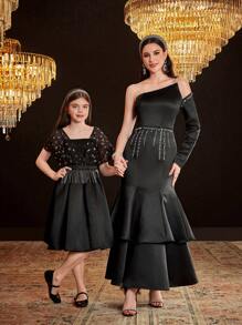 Modelyn Women's One Shoulder Long Sleeve Diamond Decor Ruffle Hem Dress - Black - View 4
