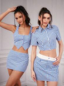 Forever 21 Bộ áo và chân váy kẻ caro cho nữ - Màu xanh lam - Xem 7