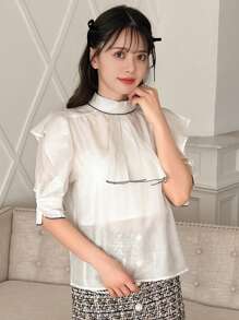 FRIFUL Blusa De Diseño De Dobladillo Con Volantes Y Bloques De Color Para Mujer