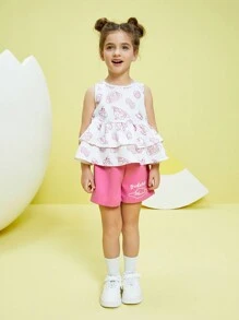 Gudetama X SHEIN Young Girl Cartoon Graphic Ruffle Hem Tank Top & Shorts Set - Multicolor - View 7
