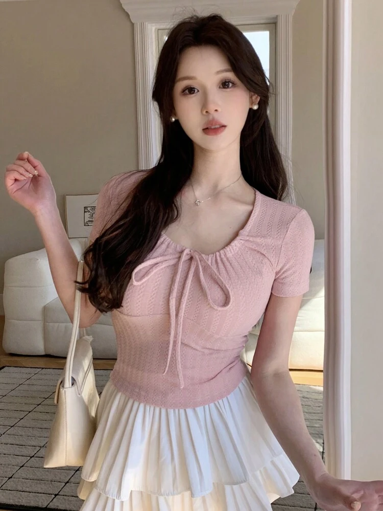 Ladies' Round Collar Short Sleeve T-Shirt With Straps,Crop Tops Women