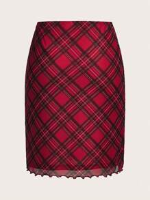 SHEIN EZwear 女士紅色格紋印花膝上裙