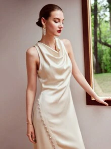 MOTF PREMIUM Vestido De Cuello Alto De Mujer Con Tejido, Botones Y Abertura En El Dobladillo - Albaricoque - Ver 3