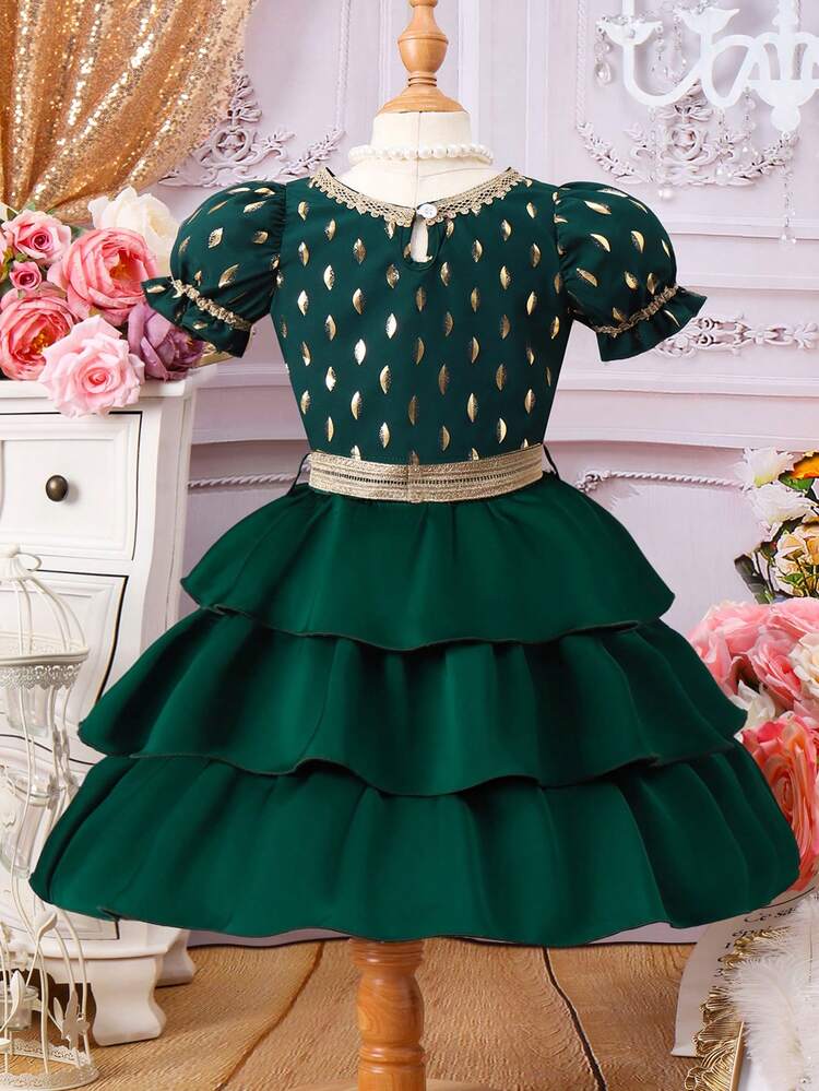 Young Girl Festival Golden Polka Dot Short Sleeve Top With A Waistband And Layered Cake Skirt Set