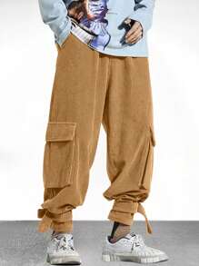 Claim Dot Men's Slanted Pocket Cargo Pants , Corduroy - Khaki - View 1