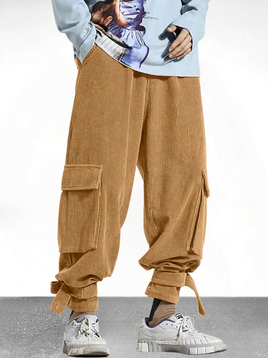 Claim Dot Men's Slanted Pocket Cargo Pants , Corduroy - Khaki - View 1