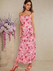 SHEIN Unity Floral Ruffle Lace Up Back Dress - Orange - View 4