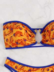 SHEIN Swim 女士树叶印花抹胸比基尼套装 夏季 - 彩色 - 查看 6