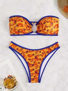 SHEIN Swim 女士树叶印花抹胸比基尼套装 夏季 - 彩色 - 查看 7