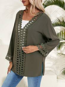 EMERY ROSE Einfarbiges Strand Cover-up Mit Tiefem V-ausschnitt, Spitzen Patchwork Und Langen Ärmeln Für Den Sommer - Armeegrün - Übersicht 3