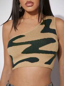 Hauture Wave Camo One Shoulder Crop Knit Top - Multicolor - View 5