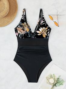 SHEIN Swim Summer Beach Women's Bohemian Style One-Piece Swimsuit With Plant Printed And Mesh Splicing Design - Black - View 7