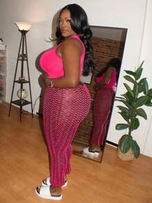 Maweii Pantalones De Moda De Talla Grande De Corte Ajustado Con Estampado De Ondas - Rosa Fucsia - Ver 5