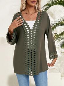 EMERY ROSE Einfarbiges Strand Cover-up Mit Tiefem V-ausschnitt, Spitzen Patchwork Und Langen Ärmeln Für Den Sommer - Armeegrün - Übersicht 6