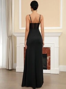Modphy Vestido largo de fiesta con abertura lateral con abundantes aplicaciones de rhinestones - Negro - Ver 2