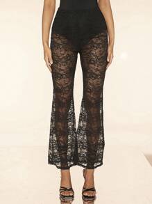 SHEIN BAE Ladies Fashionable Lace Perspective Flare Pants