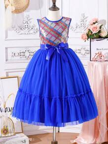 SHEIN فستان الأميرة للفتيات من توين، فستان منتفخ من التول والترتر، فستان رسمي خفيف - الأزرق - مشاهدة 1