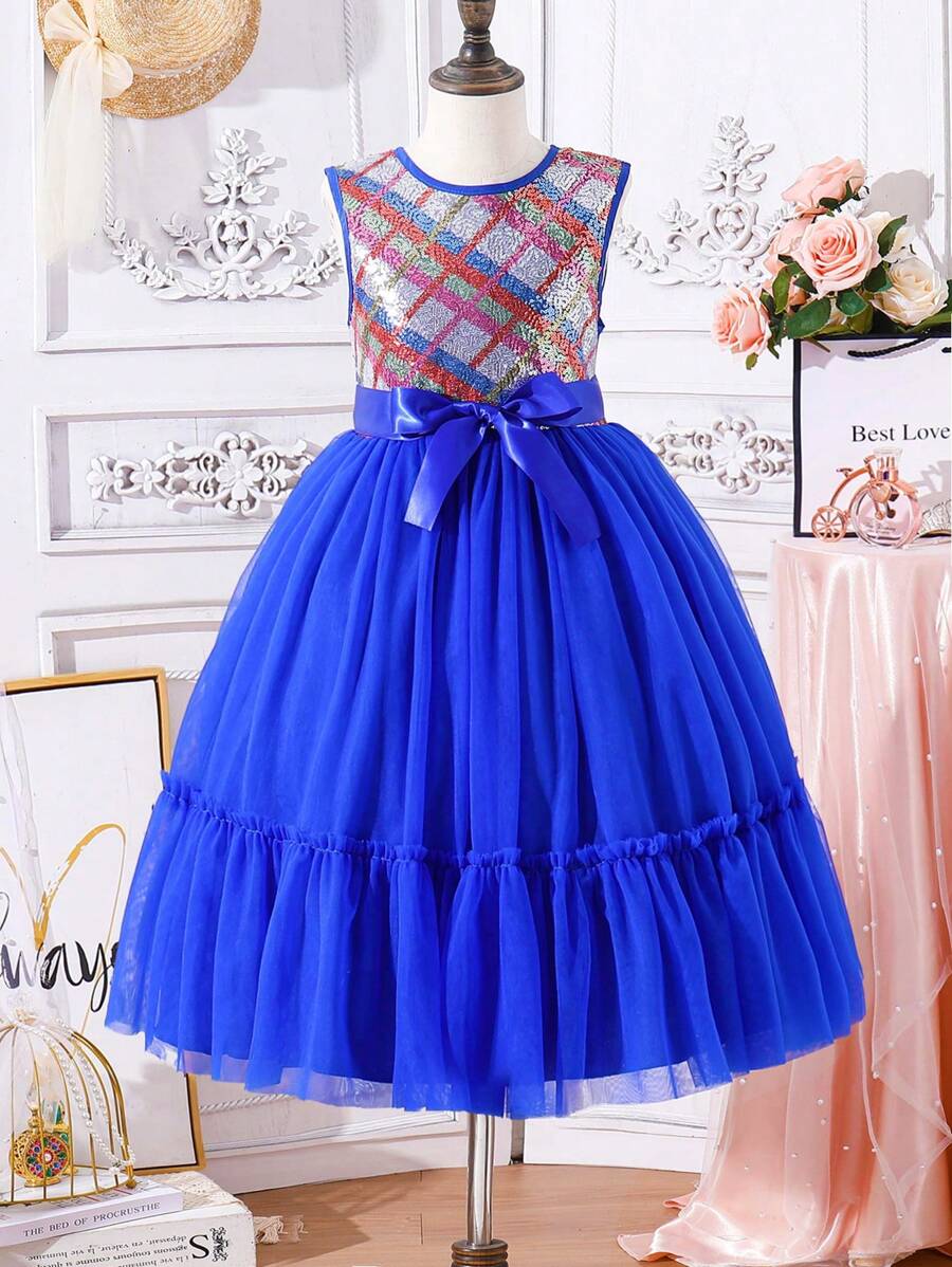 SHEIN فستان الأميرة للفتيات من توين، فستان منتفخ من التول والترتر، فستان رسمي خفيف - الأزرق - مشاهدة 1