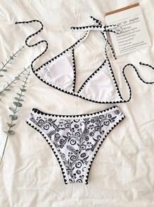 Swim Mod Summer Beach Women's Random Print Triangle Cup Bikini Set - Black and White - View 2