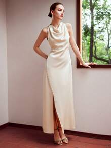 MOTF PREMIUM Vestido De Cuello Alto De Mujer Con Tejido, Botones Y Abertura En El Dobladillo - Albaricoque - Ver 2