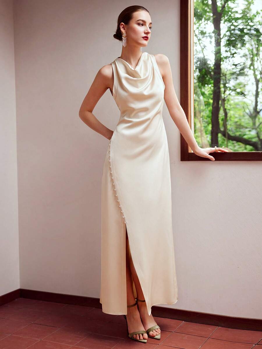 MOTF PREMIUM Vestido De Cuello Alto De Mujer Con Tejido, Botones Y Abertura En El Dobladillo