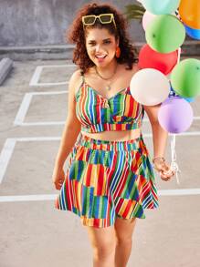 SHEIN Clasi Plus Size Color Block Camisole Tank Top And Shorts Set - Multicolor - View 3