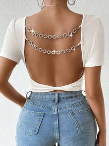Allurite Chuỗi Trang trí Áo phông Crop Với Mở Lưng - trắng - Xem 3
